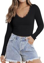 PINKMSTYLE Women Sexy V Neck Lace Long Sleeve Shirts Basic Fitted Double Lined Going Out Y2K Trendy Fall Tops - Image 4