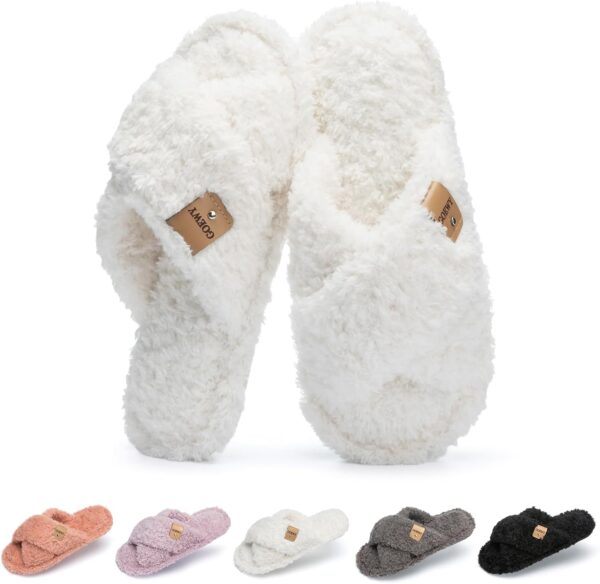 Fuzzy Open Toe Slippers for Women Indoor and Outdoor with Memory Foam Cozy Cross Band Women's Slipper Cute Soft House Shoes Slip On Gifts for Womens Mom Her Ladies Bridesmaid