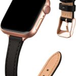 STIROLL Slim Leather Bands Compatible with Apple Watch Band 38mm 40mm 41mm 42mm(Series 11 10), Top Grain Leather Watch Thin Wristband for iWatch SE 9 8 7 6 5 4 3 2 1 (Black Rose Gold)