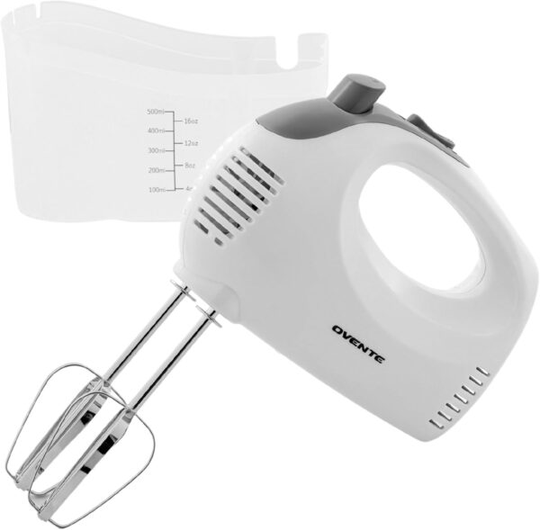 OVENTE 5-Speed Corded Electric Hand Mixer with Stainless Steel Whisks, Compact Portable Design with Snap-On Storage Case,150W Lightweight Handheld Mixer for Baking & Cooking, White HM151W