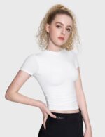 PUMIEY Women's Crew Neck Short Sleeve Tops Double Lined Slim Fit T Shirts Basic Tee Smoke Cloud Pro Collection - Image 2