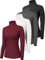 Dalavch 4 Pack Women’s Turtle Neck Long Sleeve Shirts Fall Fashion Turtleneck Baselayer Undershirts Tops Underscrub