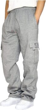 Men's Cargo Sweatpants Casual Fleece Joggers Loose Fit Open Bottom Athletic Pants for Men with Pockets