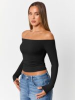 Trendy Queen Womens Long Sleeve Off The Shoulder Tops Going Out Cute Basic Y2K Fall Fashion 2026 Outfits Clothes - Image 4