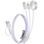 1Pack Multi Charging Cable Cord for Travel Essentials,Apple Watch Charger,iPhone Charger,[3-in-2] Type C/Lightning Cable Portable Designed for iWatch,iPhone 17-8,Galaxy S25-21,AirPods,iPad-1.5M Purple