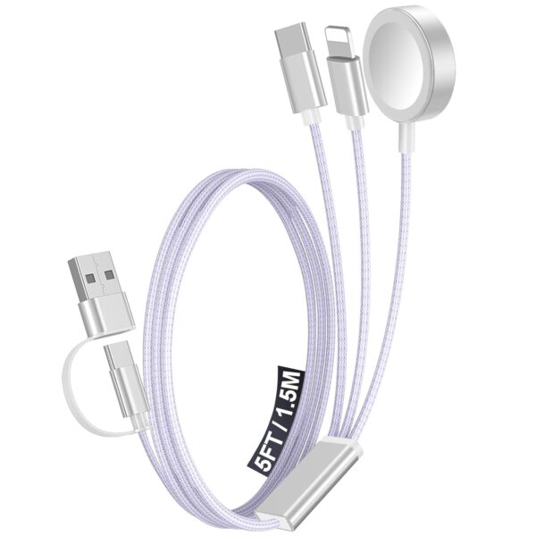 1Pack Multi Charging Cable Cord for Travel Essentials,Apple Watch Charger,iPhone Charger,[3-in-2] Type C/Lightning Cable Portable Designed for iWatch,iPhone 17-8,Galaxy S25-21,AirPods,iPad-1.5M Purple