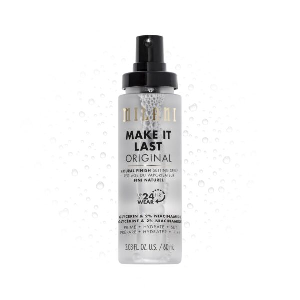 Suggest a better title and return a single title only without any other comments: Milani Setting Spray + Primer, Make It Last Original - Natural Finish with Niacinamide for Hydration, Setting Spray for Makeup and Face Primer, 3-in-1 Prime + Hydrate + Set, 2.03 Fl. Oz