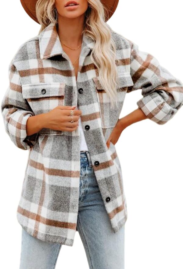 Beaully Women's Flannel Plaid Shacket Fall Winter Outfits Long Sleeve Button Down Shirts Jacket Coats with Side Pockets