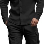 Men's Fleece Cargo Jacket Tracksuit Set 2 Pieces Solid Color Long Sleeve Button up Jacket and Cargo Pants Set