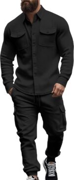 Men's Fleece Cargo Jacket Tracksuit Set 2 Pieces Solid Color Long Sleeve Button up Jacket and Cargo Pants Set