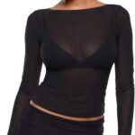 INLYRIC Women's Cosnufy Mesh Sheer Long Sleeve Tops See Through Boat Neck Going Out Tops Trendy Sexy Shirts