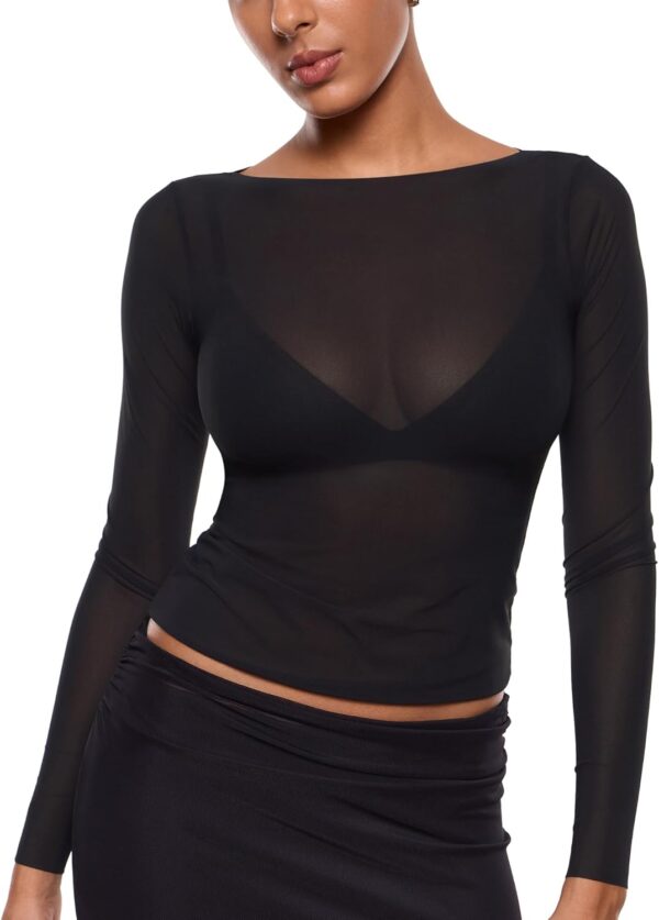 INLYRIC Women's Cosnufy Mesh Sheer Long Sleeve Tops See Through Boat Neck Going Out Tops Trendy Sexy Shirts