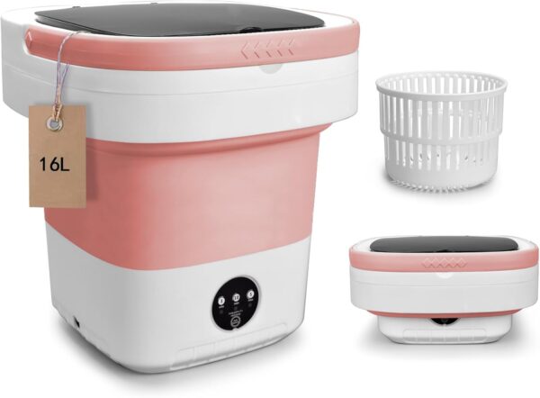 Portable Mini Washing Machine, 16L Foldable Washer and Dryer with 3 Modes Deep Cleaning, Upgraded Small Collapsible Laundry for Hotel, Apartment, Home and Travel - Pink