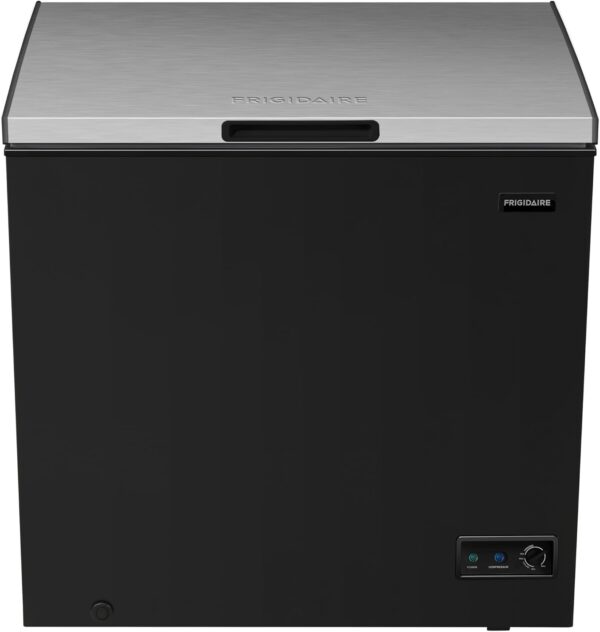 FRIGIDAIRE Chest Deep Freezer, 7 Cu. Ft, Black Adjustable Thermostat-Removable Vinyl Coated Wire Basket-Easy Defrost Drain, Eye-Catching Stainless Steel Top Door- Garage Ready