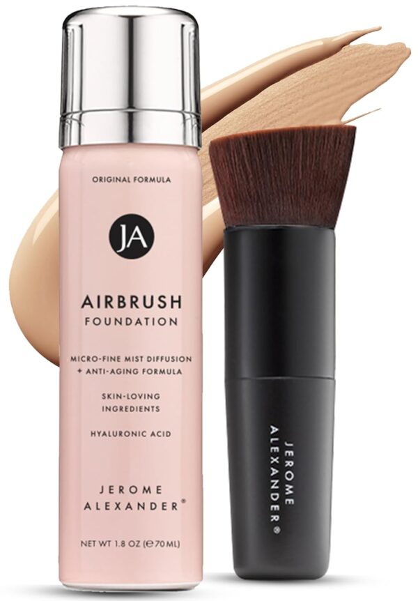 Suggest a better title and return a single title only without any other comments: Jerome Alexander MagicMinerals AirBrush Foundation – 2 Piece Set with Airbrush Foundation and Kabuki Brush - Spray Makeup with Anti-aging Ingredients for Smooth Radiant Skin - Bright Light