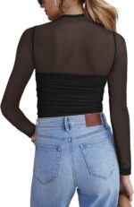Zeagoo Womens Mesh Sheer Long Sleeve Top Mock Turtle Neck See Though Shirts Ruched Sexy Casual Going Out Blouses - Image 5