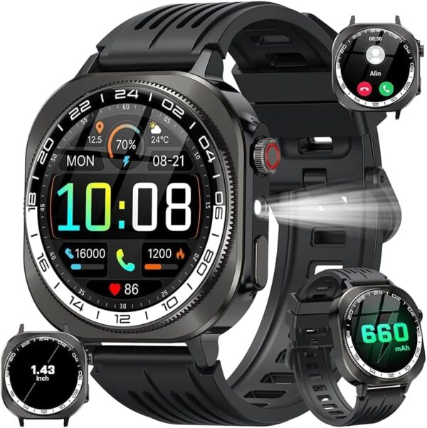 Military Smart Watches for Men(Answer/Make Call), AMOLED 1.43" Smartwatch, Flashlight/130+ Sports/Heart Rate/Sleep Monitor/Fitness Activity Tracker, IP68 Waterproof Fitness Watch for Android iOS