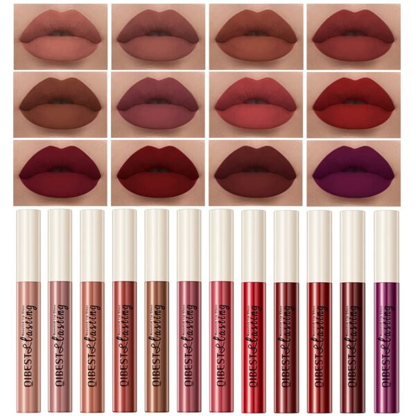 QiBest 12Pcs Matte Liquid Lipstick Set for Girls & Women, 24 Hours Long Lasting Waterproof Nude Dark Red Lip Gloss Valentine Gift Makeup Kit, Non-Stick Cup Mate Duracion 24 Horas Originales Lip Stains