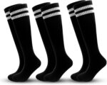 3 Pairs Kids Soccer Socks Striped Knee High Tube Socks Football Uniform Sports Socks for Boys Girls 6-12 Years Old