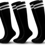 3 Pairs Kids Soccer Socks Striped Knee High Tube Socks Football Uniform Sports Socks for Boys Girls 6-12 Years Old