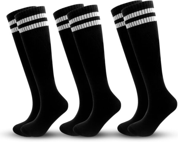 3 Pairs Kids Soccer Socks Striped Knee High Tube Socks Football Uniform Sports Socks for Boys Girls 6-12 Years Old