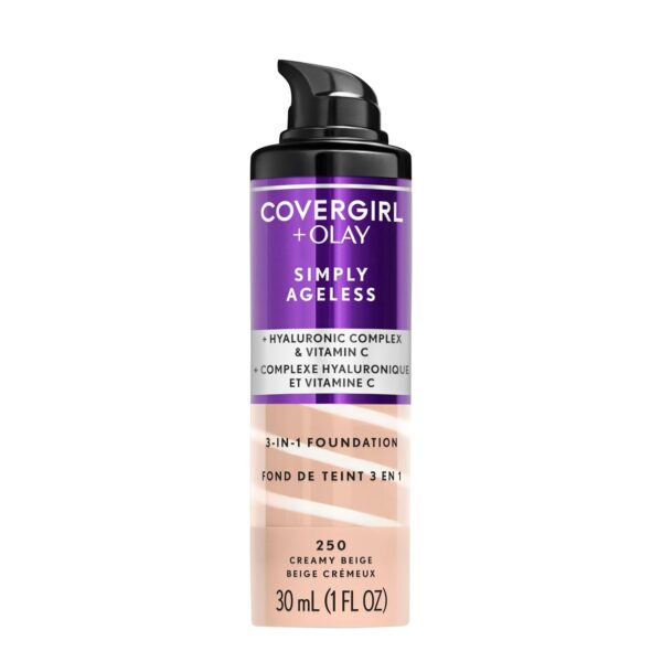 Suggest a better title and return a single title only without any other comments: COVERGIRL & Olay Simply Ageless 3-in-1 Liquid Foundation, Matte Finish, Hyaluronic & Vitamin C Formula, 250 Creamy Beige, 1 Count