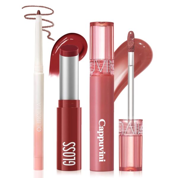 3PCS Lip Combo Set - Matte Lip Liner Pencil + Hydrating Tinted Lip Balm + Juicy Lip Gloss Tint, Non-Sticky, Long-Lasting, High Pigment Lip Makeup Kit (Berry Mousse Set)