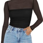 Zeagoo Womens Mesh Sheer Long Sleeve Top Mock Turtle Neck See Though Shirts Ruched Sexy Casual Going Out Blouses