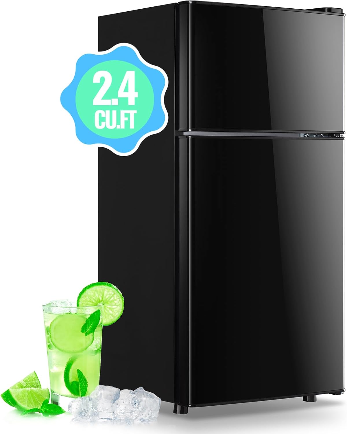 2.4 Cu.Ft Mini Fridge with Freezer & Double Door Small 2.4 Cu.Ft Mini Fridge with Freezer & Double Door Small Tiny Size Refrigerator with 7 Temperature Control Knob Only Suitable for One Person Use Black