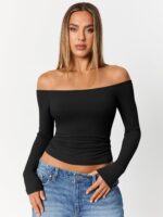 Trendy Queen Womens Long Sleeve Off The Shoulder Tops Going Out Cute Basic Y2K Fall Fashion 2026 Outfits Clothes - Image 2