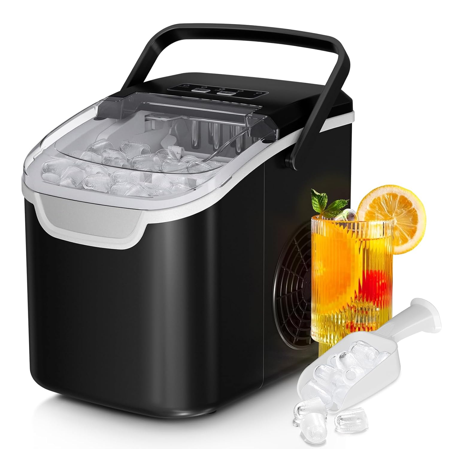 Countertop Ice Maker Machine, 8 Ice Cubes in 6 mins, Countertop Ice Maker Machine, 8 Ice Cubes in 6 mins, 26lb/Day Ice with 2 Sizes- Portable Mini, Energy Saving & Basket/Scoop for Home/Party/Travel/Camping/Bar,Black