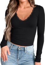 PINKMSTYLE Women Sexy V Neck Lace Long Sleeve Shirts Basic Fitted Double Lined Going Out Y2K Trendy Fall Tops - Image 2