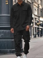 Men's Fleece Cargo Jacket Tracksuit Set 2 Pieces Solid Color Long Sleeve Button up Jacket and Cargo Pants Set - Image 4