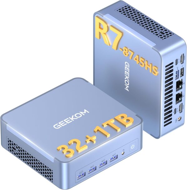 GEEKOM AX8 Max Mini PC with AMD Ryzen 7 8745HS Dual 2.5GbE Lan Port| 32GB DDR5(Upgradable),1TB NVMe SSD(Expandable)| Radeon 780M,USB4.0(40Gbps),Quad Display| Windows 11 Pro Gaming,Office,Video Editing