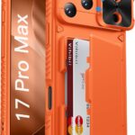 Vihibii for iPhone 17 Pro Max Case with Card Holder (4 Cards) [RFID Blocking] & Slide Camera Cover, Military Grade Drop Protection, Rugged Hard Back & Silicone Edge Wallet Phone Case 6.9" 2025, Orange