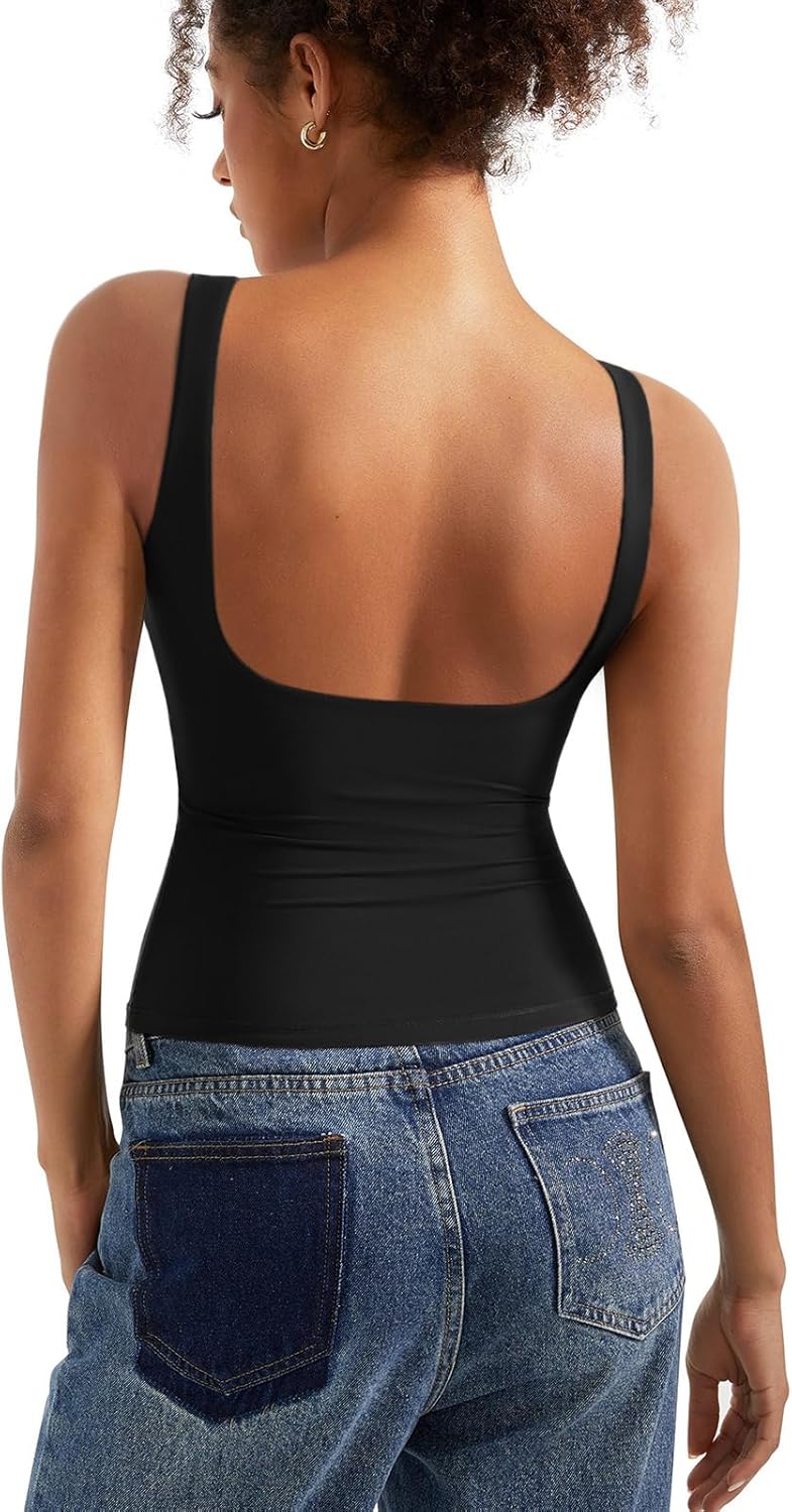 SUUKSESS Women Padded Open Back Boat Neck Tank Tops Double SUUKSESS Women Padded Open Back Boat Neck Tank Tops Double Lined Basic Shirts