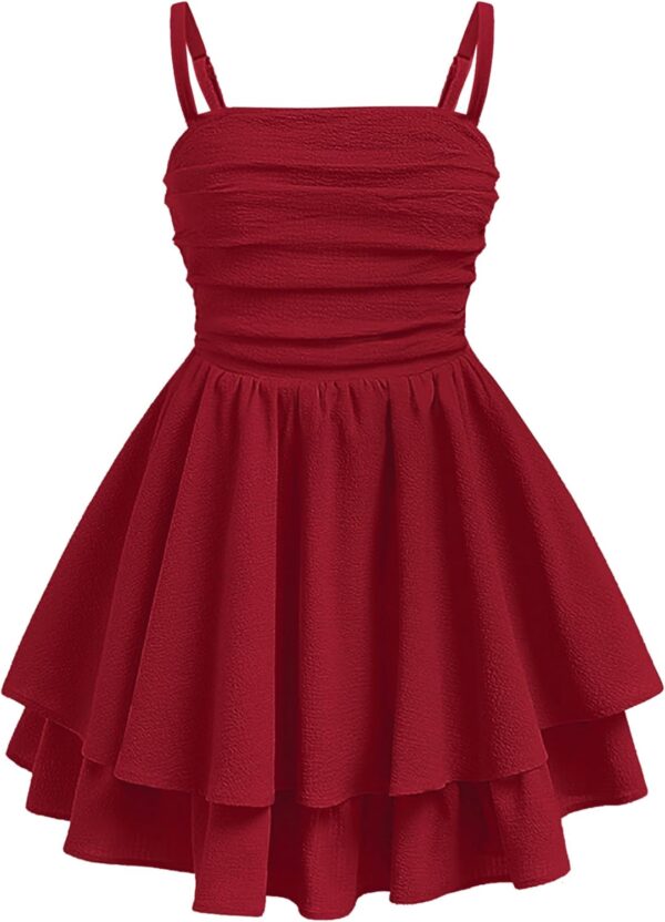 Suggest a better title and return a single title only without any other comments: EXARUS Girls Dress Teen Ruched Layered Ruffle Swing Flowy Spaghetti Strap Valentine Summer Easter Tween Dresses 8-14Y