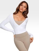 Womens V-Neck Long Sleeve Cross Wrap Top Slim Fit Soft Knit Layering Shirt Casual Yoga Gym Bandage Tie Tops - Image 4