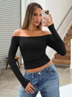 Trendy Queen Womens Long Sleeve Off The Shoulder Tops Going Out Cute Basic Y2K Fall Fashion 2026 Outfits Clothes - Image 3