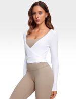Womens V-Neck Long Sleeve Cross Wrap Top Slim Fit Soft Knit Layering Shirt Casual Yoga Gym Bandage Tie Tops - Image 3