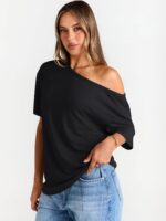 Trendy Queen Womens Off The Shoulder Tops Oversized T-Shirts Short Sleeve Tees Summer 2026 Casual Spring Fashion Clothes - Image 4