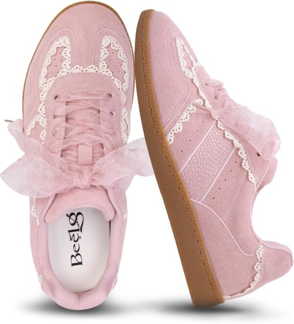 Casual Sneakers for Women Lace Detail – Elegant Ribbon Lace-Up Fashion Sneakers with Leather Upper Memory Foam Insole and Slip On Trendy Casual Shoes for Women