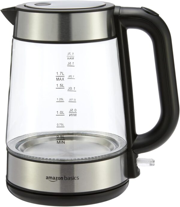 Amazon Basics Electric Kettle with Glass Carafe for Tea and Coffee, BPA-Free, Fast Boiling, Auto Shut-Off, 1.7 Liter, 1500W, Black and Silver