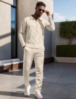 UOUA Mens 2 Piece Set Casual Outfits Polo Long Sleeve Shirt & Pants Tracksuit Loungewear Athletic Jogger Sweatsuit - Image 4