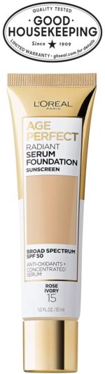 Suggest a better title and return a single title only without any other comments: L'Oreal Paris Age Perfect Radiant Serum Foundation with SPF 50, Rose Ivory, 1 Ounce - Image 9