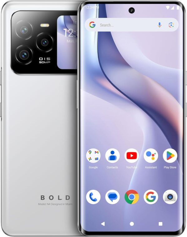BLU Bold N4 5G | Unlocked | 6.78” Curved Display + 1.74” Rear Display | 50MP + 16MP Selfie | 512/8GB I NFC I Android 15 | US Version | US Warranty | White