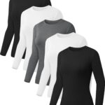 5 Pack Womens Basic Long Sleeve Shirts Crew Neck Slim-Fit Fitted T Shirts Tops Undershirts Underscrub Baselayer