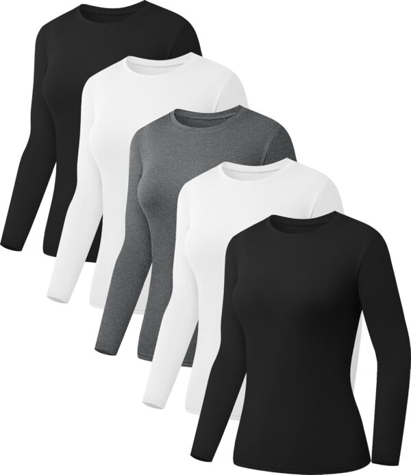 5 Pack Womens Basic Long Sleeve Shirts Crew Neck Slim-Fit Fitted T Shirts Tops Undershirts Underscrub Baselayer