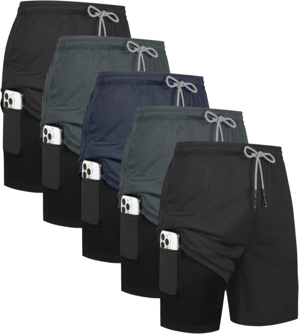 HOPLYNN 5 Pack Mens 2 in 1 Running Shorts with Liner, Quick Dry Workout Training Gym Athletic Sport Shorts with Pockets