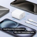 10ft Cable for Apple iPhone 16 15 Pro Max Charger Fast Charging iPad AirPods 4 (USB-C), 20w Type C Blcok 10-ft Long USB C to C Cord White 1Pack - Image 3